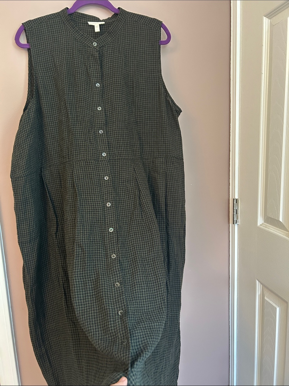 Eileen Fisher Puckered Organic Linen Pleated Shift Midi Dress Seaweed Size 2X - Picture 7 of 12